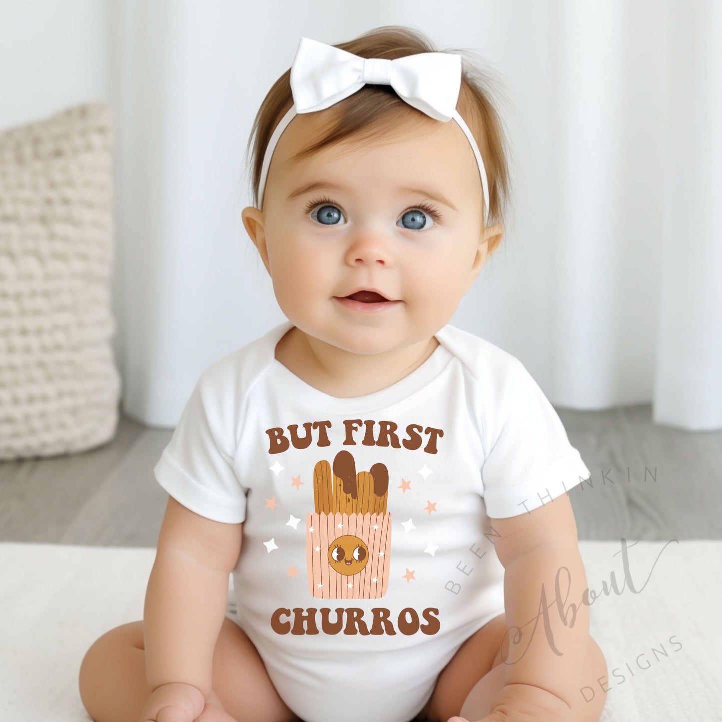 BUT FIRST CHURROS BABY ONESIE BODYSUIT WHITE
