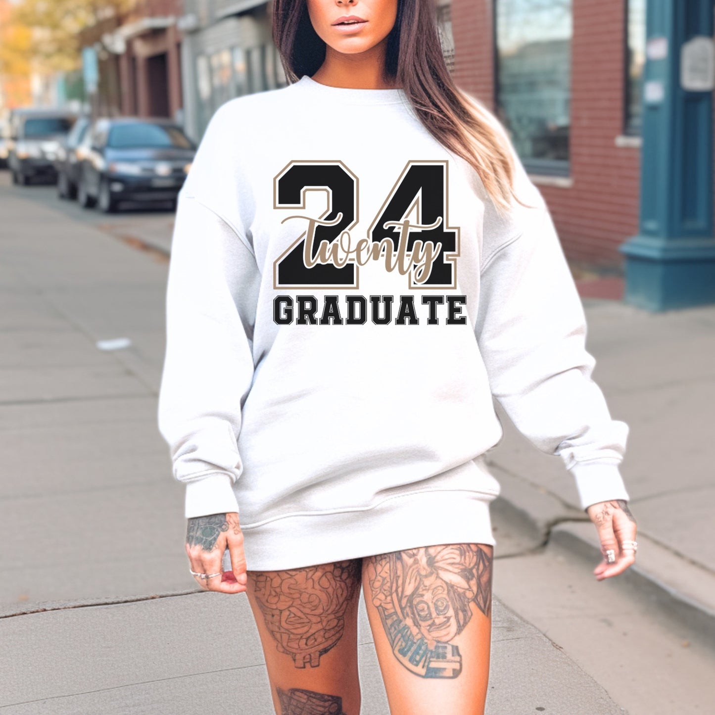 SENIOR / GRADUATE OVERSIZED WHITE SWEATSHIRT To achieve the oversized fit in the photos, we recommend sizing up at least 1-2 sizes. Model in the photo is wearing a size XLarge. 