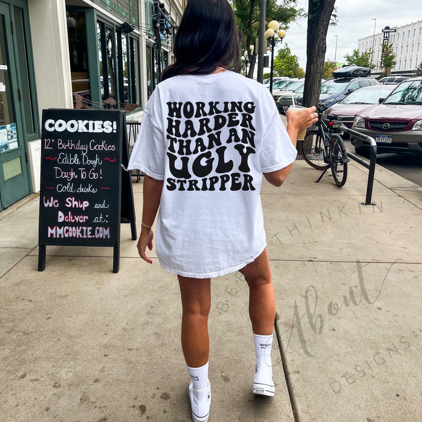 WORKING HARDER THAN AN UGLY STRIPPER OVERSIZED TEE WHITE